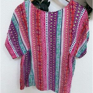 Maeve Women's Small Orange Pink Stripe Pattern Short Sleeve Boho Top